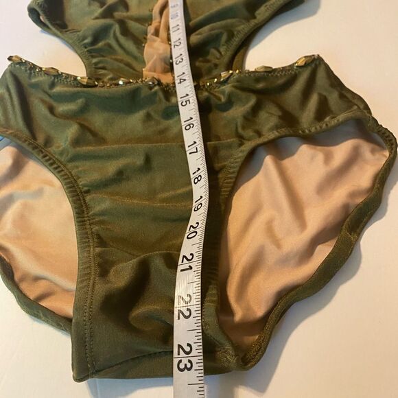 Custom solo dance costume leotard embellished olive green gold rhinestone SA - Picture 9 of 13